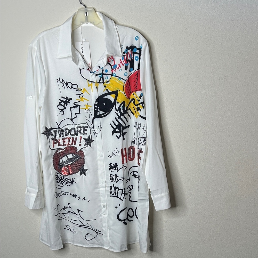 White Graphic Button-Down Shirt with Multicolor Street Art Accents